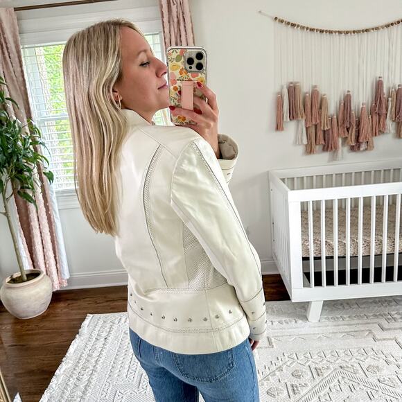 ST. JOHN Sport Leather Studded Moto Jacket White M - Picture 5 of 11